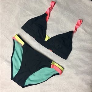 Cute neon-strapped black bikini set